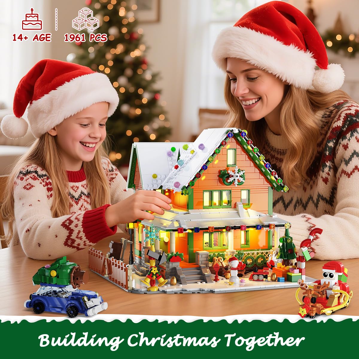 INSOON Advent Calendar 2025 Christmas House Mini Building Set with Light, 24 Days Countdown Snow Village Building Block Kit with Santa Claus Sleigh, Holiday Building Toy Gift for Adults Boys Girls 14+
