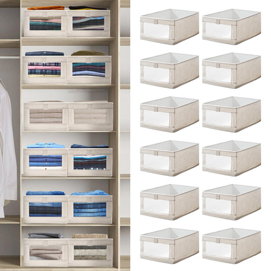12 Pack Linen Organizers and Storage, Closet Storage Bins Linen Closet Baskets for Organization Foldable Organizer Bins with Clear Window for Organizing Clothing, Beige
