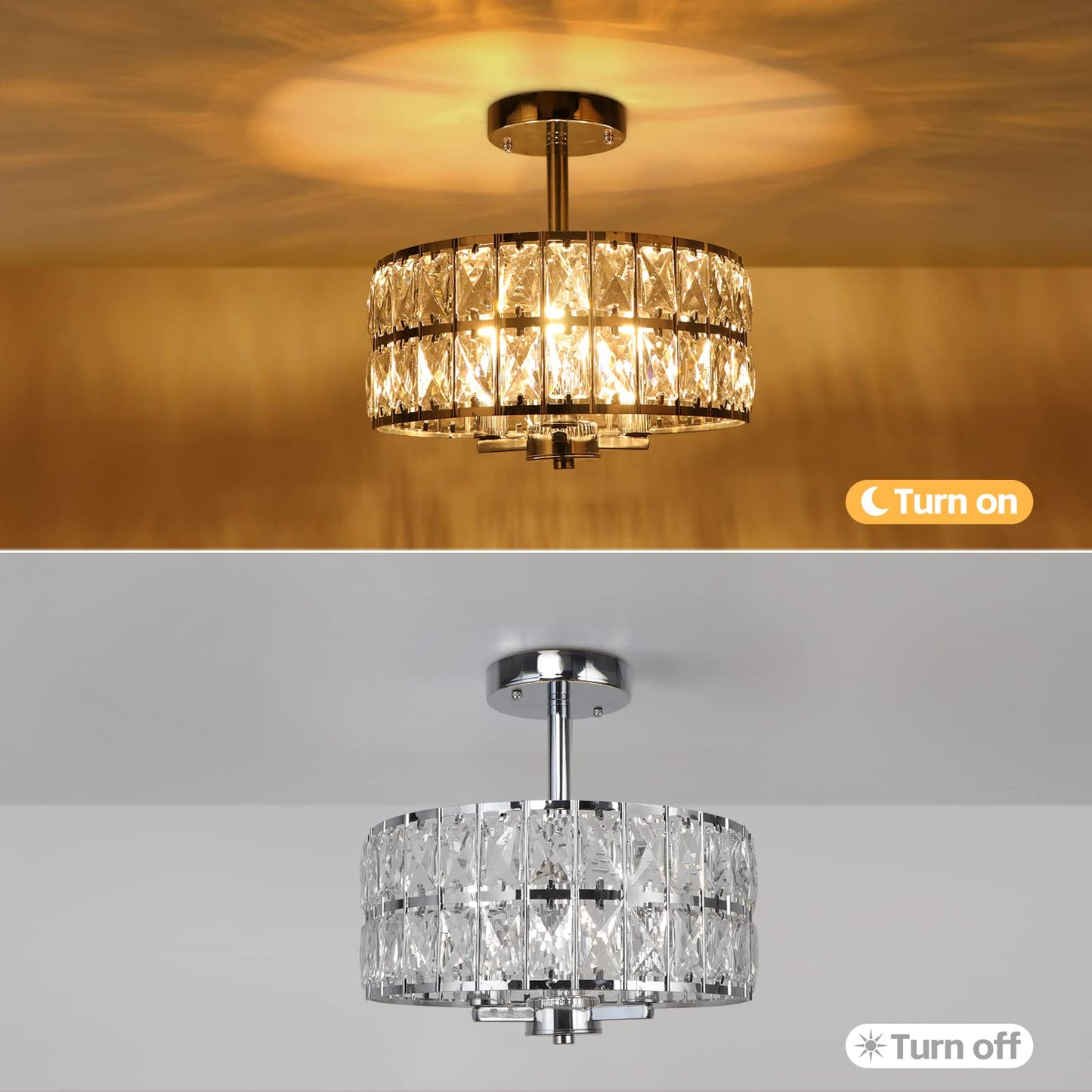 Cunfash 3-Ligth Round Crystal Ceiling Light, Modern Hallway Light Fixtures, 12.6" Chrome Semi Flush Mount Kitchen Chandelier with Cylinder Drum Shade for Closet Dining Room Bedroom