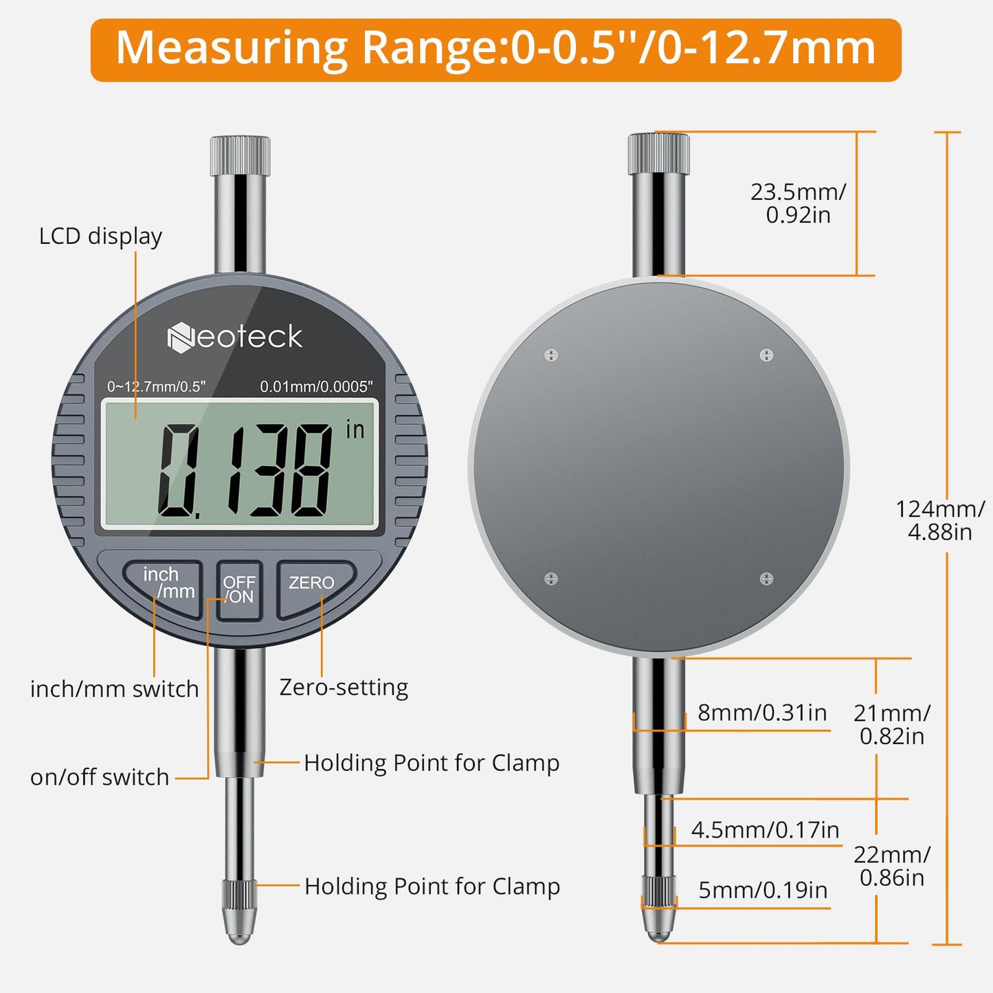 Neoteck 1.4-6"/0.0005" Digital Indicator Bore Gauge Set with 15PCS Anvils 6" Measuring Depth Dial Bore Gauge with ABS Storage Box for Engine Cylinder Measurement