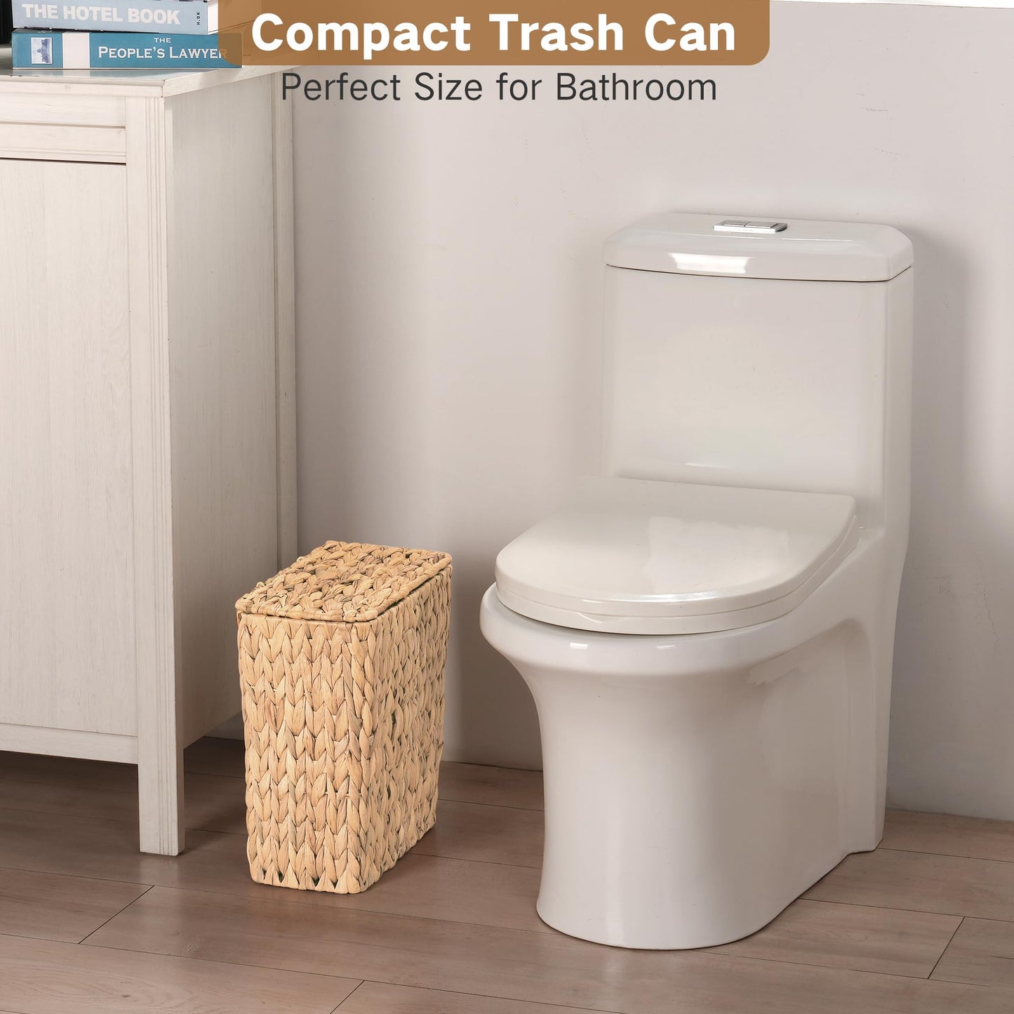iEGrow Wicker Trash Can, Bathroom Trash Can with Lid, 3 Gallon Natural Water Hyacinth Waste Basket with Removable Liner, for Bedroom, Living Room, Toilet, Under Sink