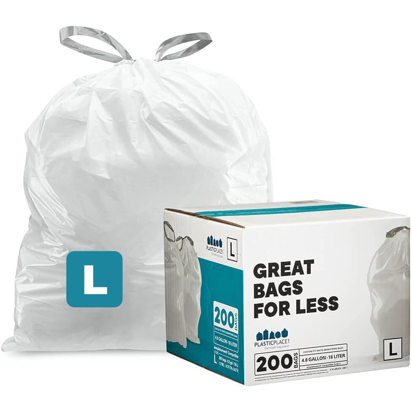 Plasticplace Custom Fit Trash Bags, Compatible with Simplehuman Code L (200 Count) White Drawstring Garbage Liners 4.8 Gallon / 18 Liters, 16.75" x 24.5"