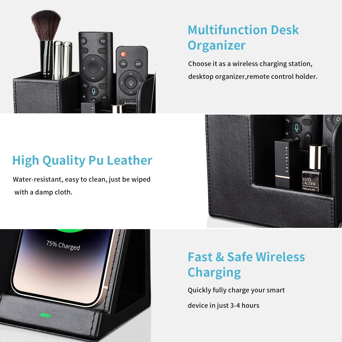 KINGFOM PU Leather Desk Organizer with Wireless Charging Station for iPhone, 10W Wireless Charger for iPhone 14/14 Pro/13/12/Samsung Galaxy S23/S22/S21/Note 20/Note 10(Black-L)