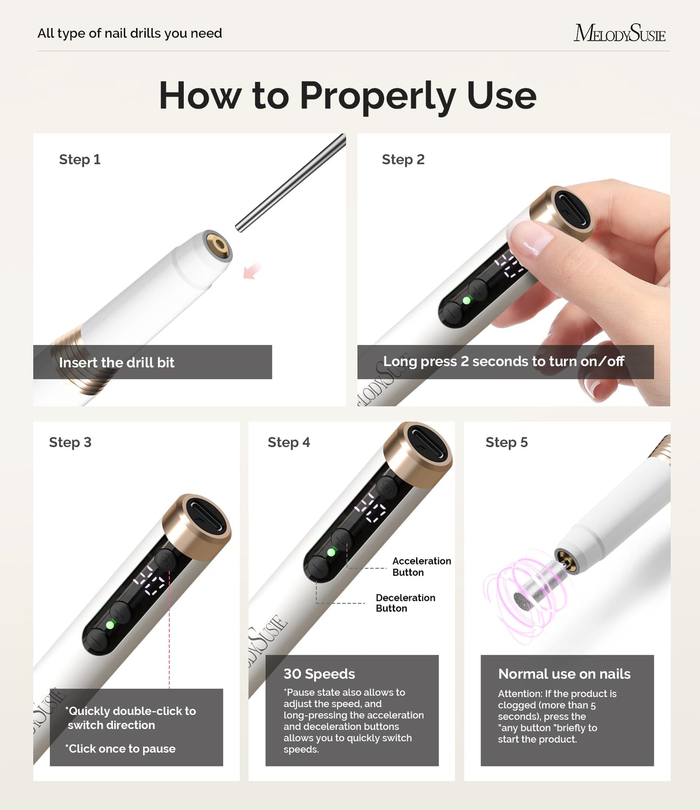 MelodySusie Portable Electric Nail Drill,Professional 30000RPM Cordless Nail EFile for Manicure Pedicure,PM170F Nail File for Acrylic Nails Gel Polishing with Cuticle Nail Bits Kit Small Sanding Bands