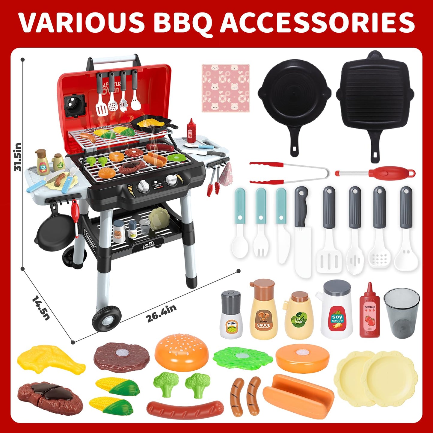 Kids Play Kitchen Toys, Kids BBQ Grill Playset with Smoke Sound Light, 2-Layer Barbecue Toy with Wheel, Outdoor Play Grill Toys for Toddlers 3-5, Play Food Toys Cooking Set, Birthday Gift for Boy Girl