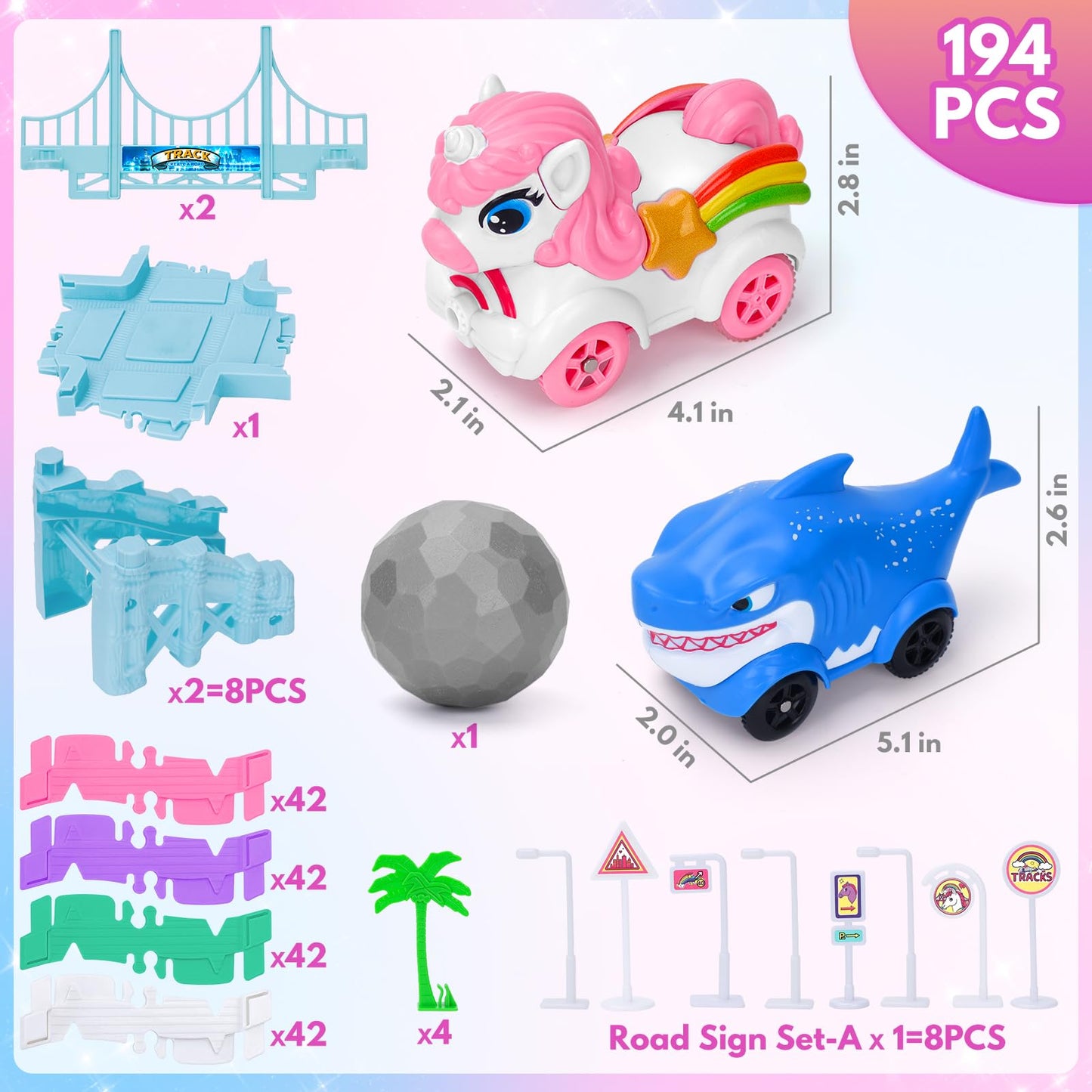 Kids Toys for 3 4 5 Year Old Girls Gifts: 194PCS Unicorn & Shark Flexible Race Track Set | Toy Car Track for Toddler Girl Toys Age 3-6 | Race Track for 5 Year Old Girl Birthday Gift Ideas
