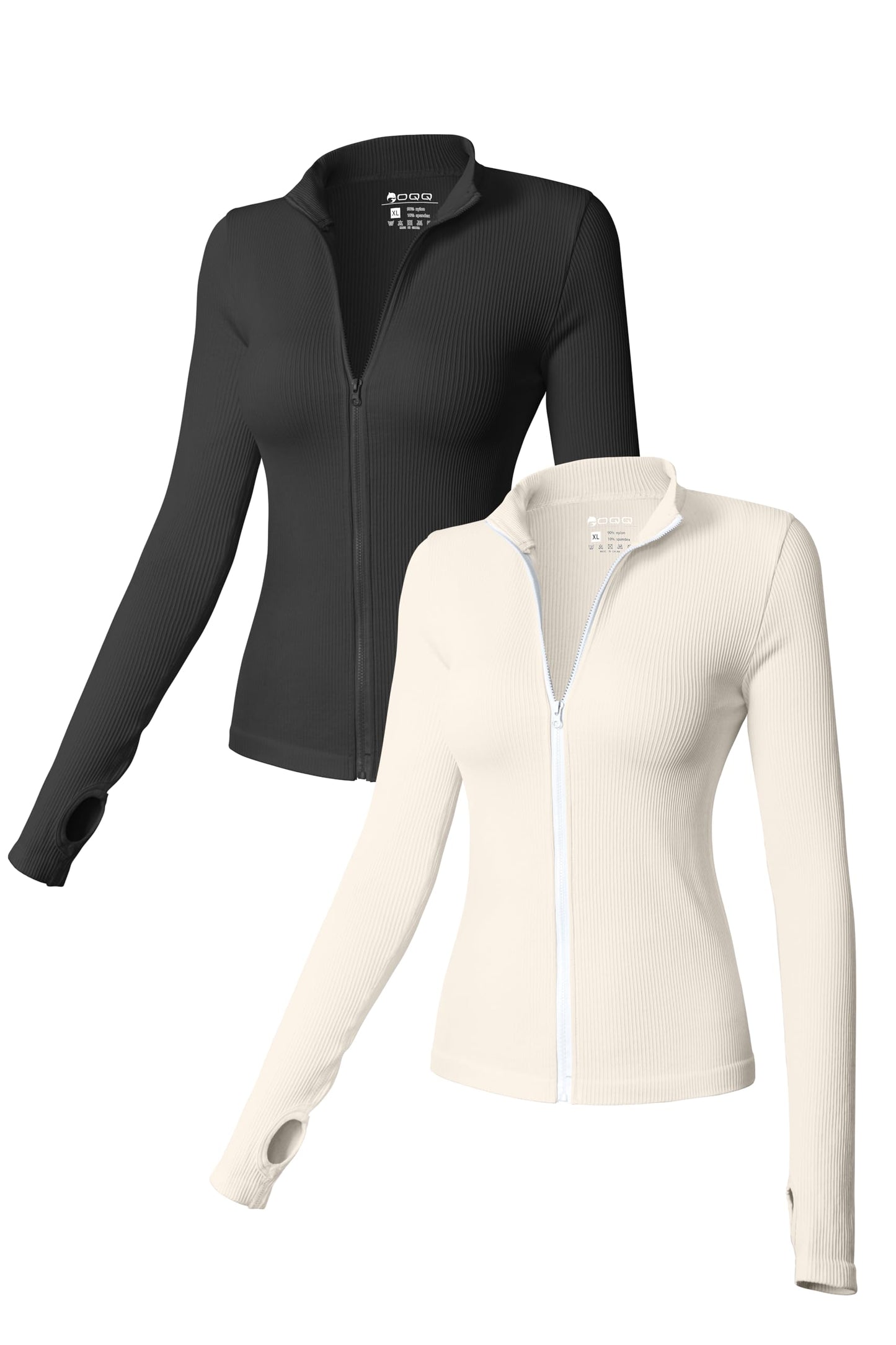 OQQ Womens 2 Piece Long Sleeve Tops Stand Neck Front Zipped Stretch Fitted Underscrubs Tee Shirts Tops Black Beige