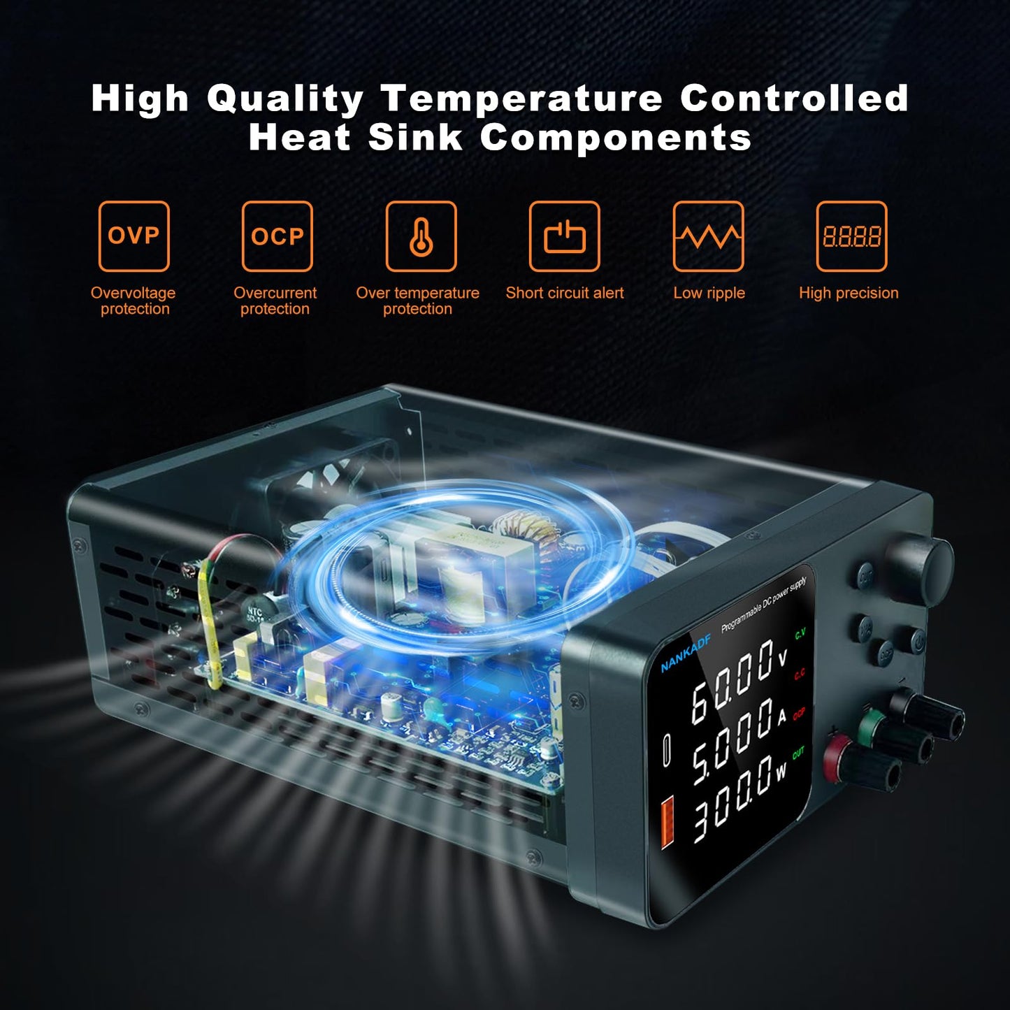 DC Power Supply, Bench Power Supply with Encoder Adjustment, 5V/3.6A USB&Type-C Quick-Charge, Adjustable Power Supply with Output Enable/Disable Button, Short Circuit Alarm