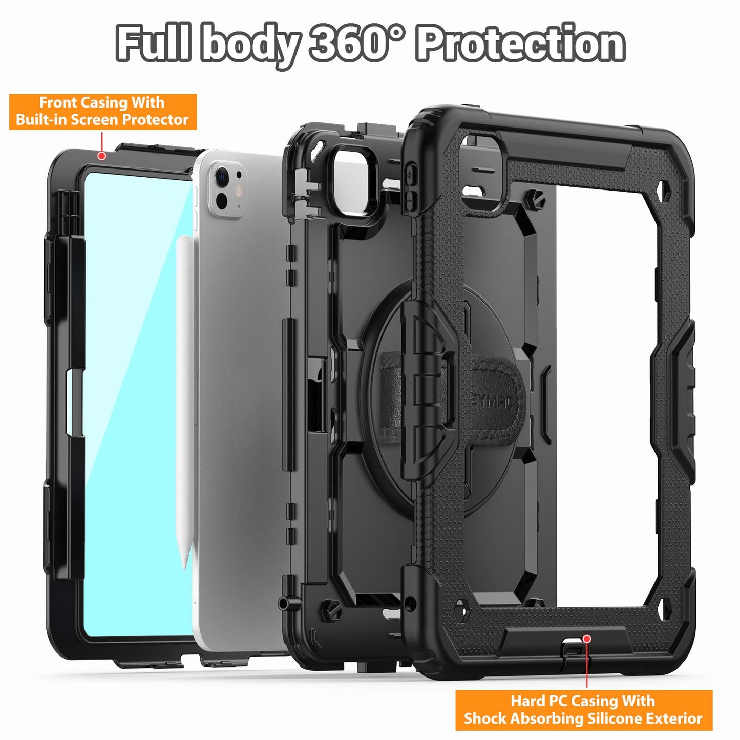 SEYMAC for iPad Pro 11 Inch Case 2024 (M4), Heavy Duty Shockproof Protective Case with Screen Protector, 360° Rotating Stand, Hand/Shoulder Strap and Pen Holder for iPad Pro 11 2024, Black