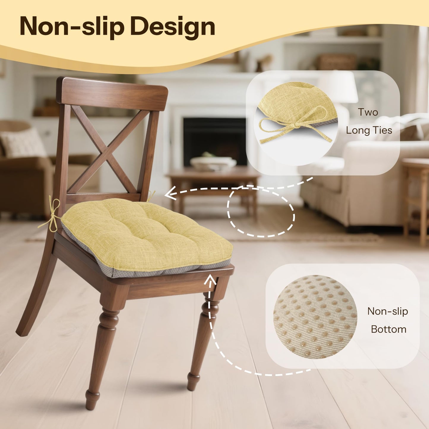 FlyGulls Non Slip Chair Cushions for Dining Chairs Set of 4 Kitchen Chair Cushions 18"x18"x3" Turfted Chair Pads Comfortable and Soft Seat Cushion with Ties, Yellow
