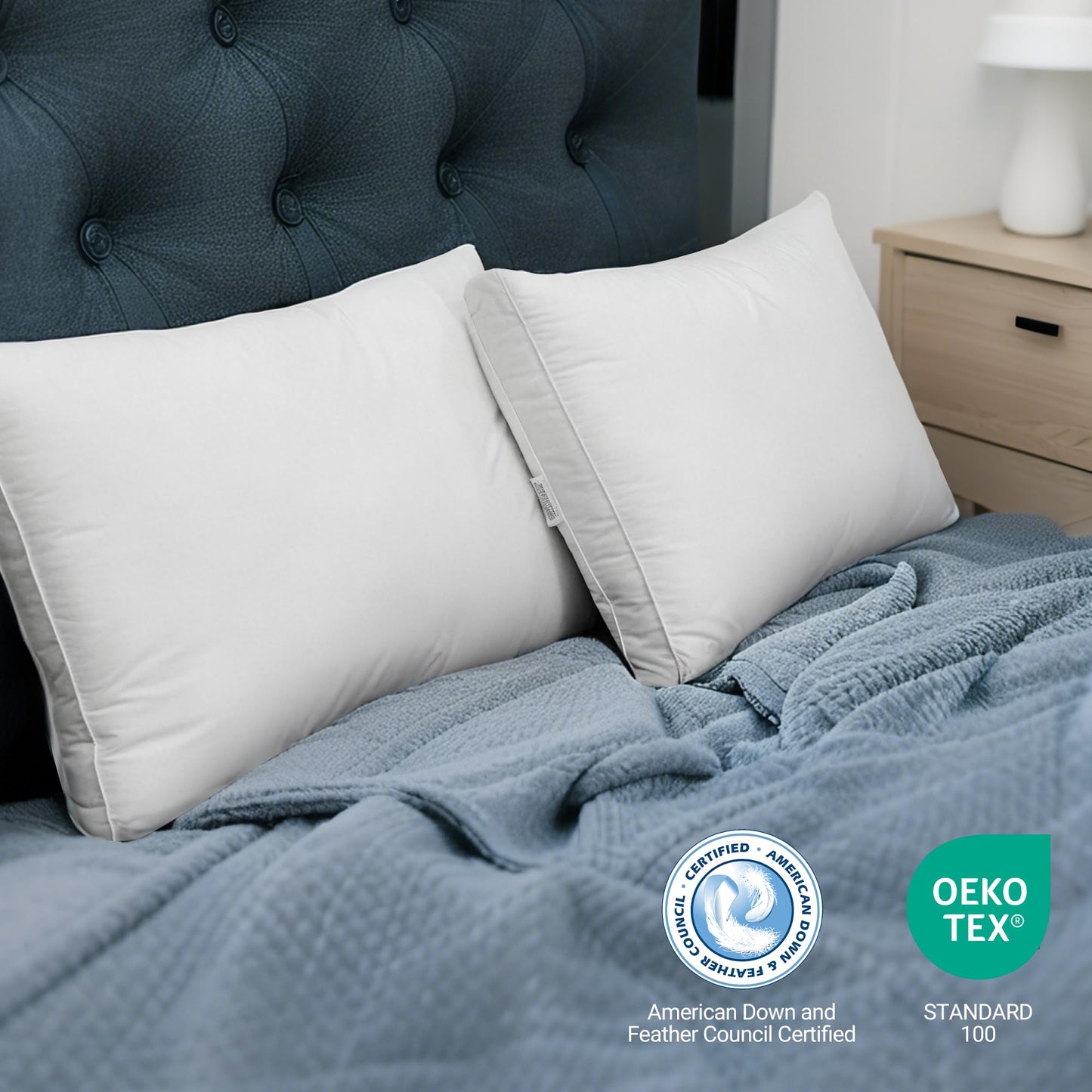 Hotel Grand Goose Feather and Down Fiber Bed Pillows Queen Size Set of 2, Firm Gusseted Pillows with 100% Cotton Cover, Softy-Around Hotel Collection Pillows for Side and Back Sleepers, White