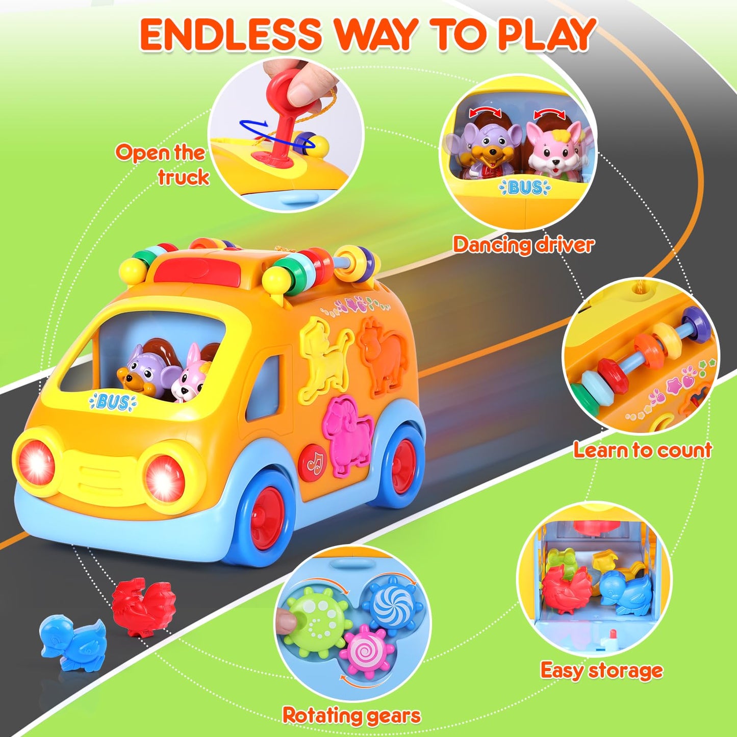 Toy Cars for 1 Year Old Boys Baby Toys 12-18 Months Musical Learning Toys for Toddlers 1-3 Educational Bus with Animal Blocks Birthday Gift