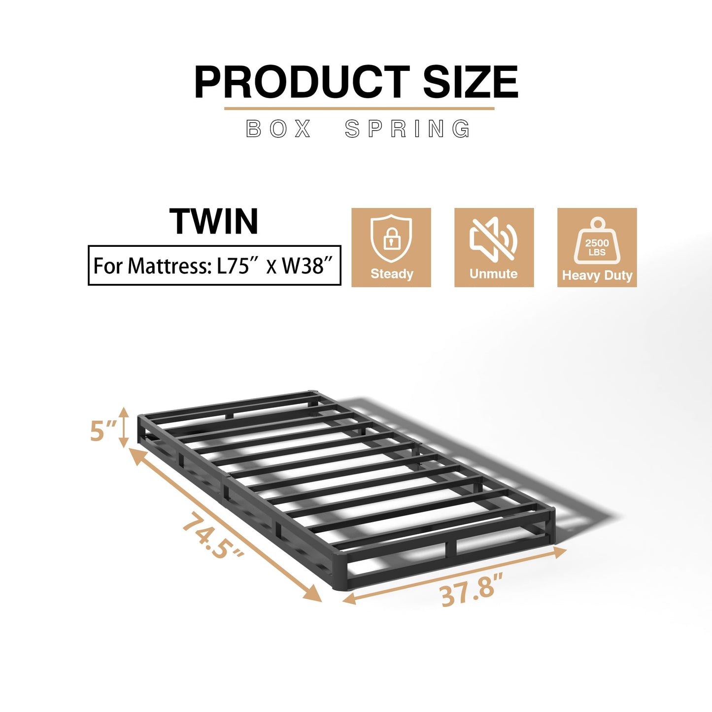 TROZULER 5 Inch Twin Box Spring, Heavy Duty Metal Mattress Foundation, 2500 lbs Capacity, Low Profile, Noise-Free, Easy Assembly with Fabric Cover