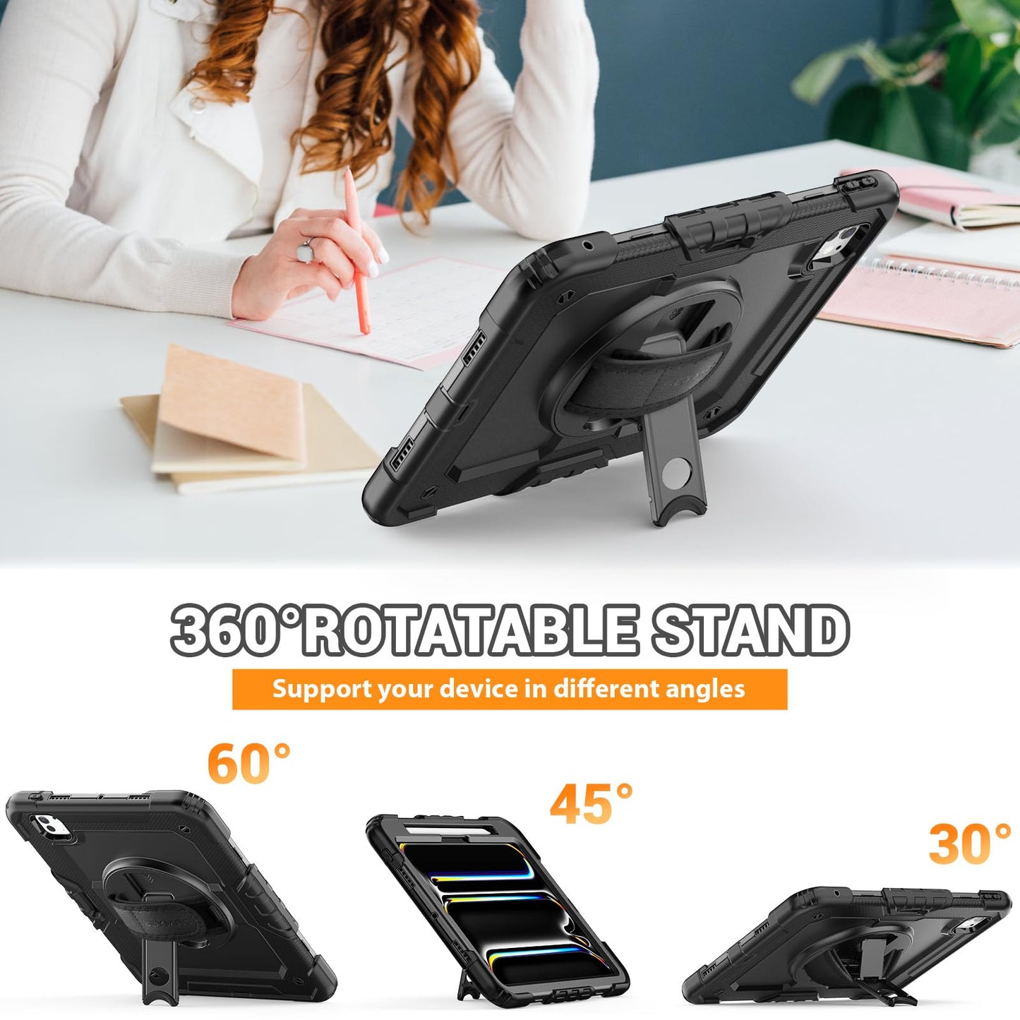SEYMAC for iPad Pro 11 Inch Case 2024 (M4), Heavy Duty Shockproof Protective Case with Screen Protector, 360° Rotating Stand, Hand/Shoulder Strap and Pen Holder for iPad Pro 11 2024, Black