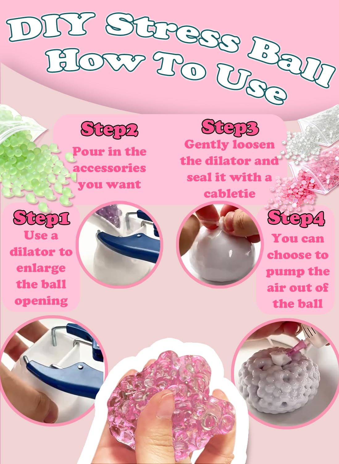 DIY Stress Ball Making Kit 15 TPR Skins, 4.2 oz Fillers, 1 Vacuum Tool, 20 Cable Tie for Create ASMR Anxiety Relief Toys Crunchy Relaxing (15pcs)