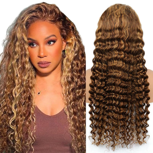 4/27 Ombre Deep wave Lace Front Wigs Human Hair, 13x4 HD Lace Ombre Curly Wig Human Hair, 26 Inch Curly Highlighted Wig Human Hair Glueless Pre Plucked, Honey Blonde Deep Wave Wig Human Hair 180%