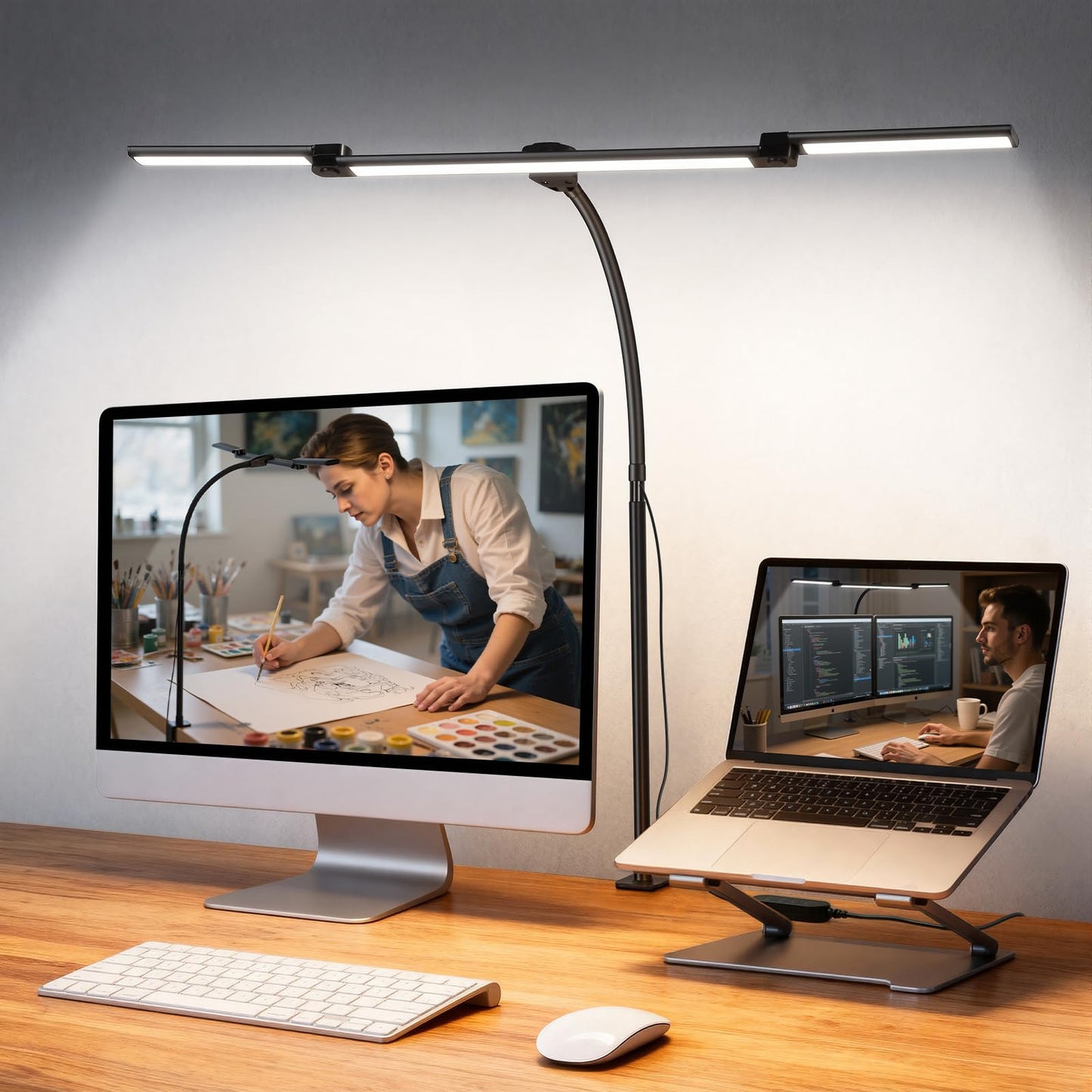 LED Desk Lamp for Office Home, 3 Head Adjustable Computer Monitor light Bar Stepless Dimming, Eye Caring Architect Desk Lamp Table Lamp Clip on Desk Light with Clamp for Reading Study Workbench Black