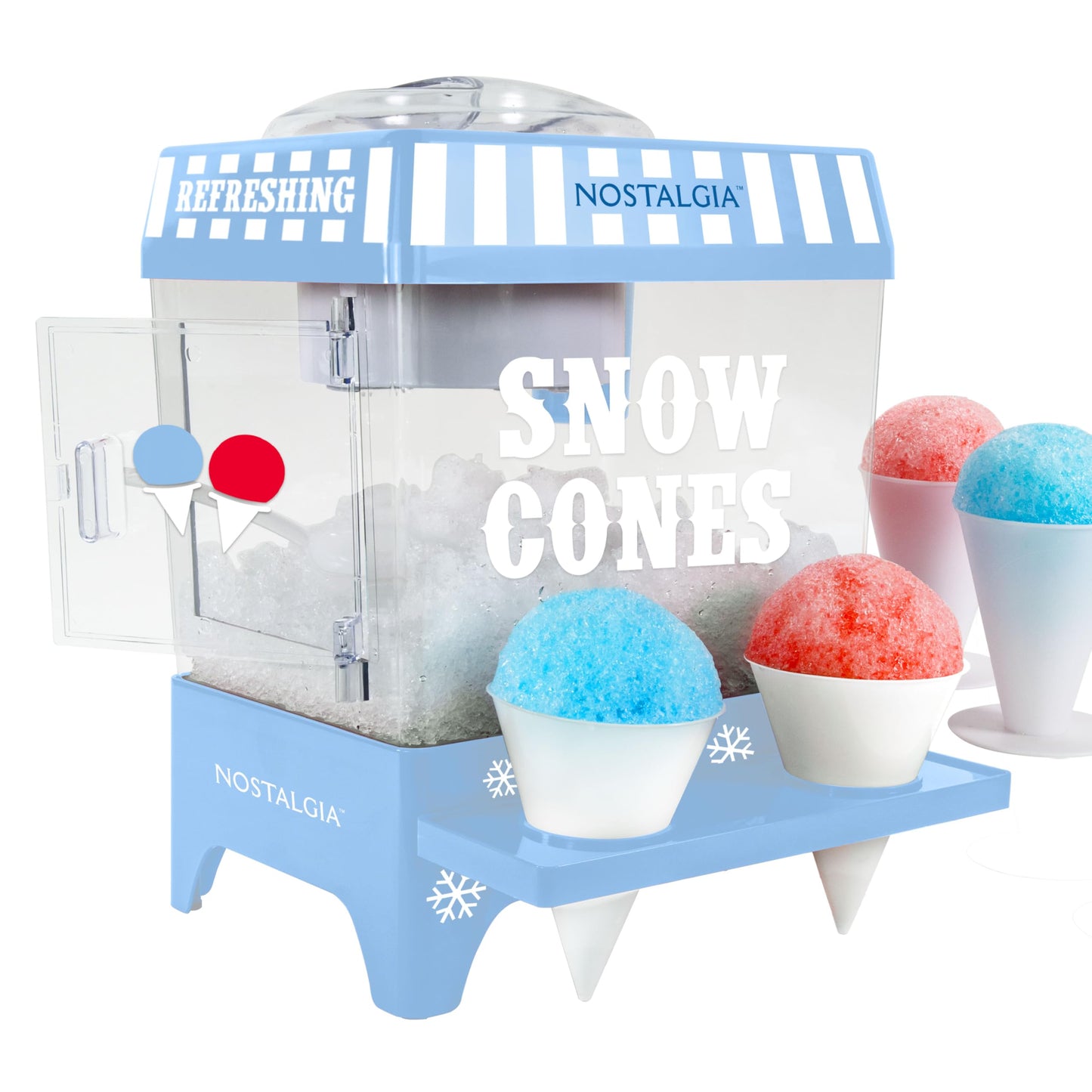 Nostalgia Snow Cone Machine – Retro Table-Top 8 Oz Snow Cone Maker Makes 20 ICY Treats– Countertop Slushie Machine Includes 2 Reusable Plastic Cups & Ice Scoop-Vintage Blue