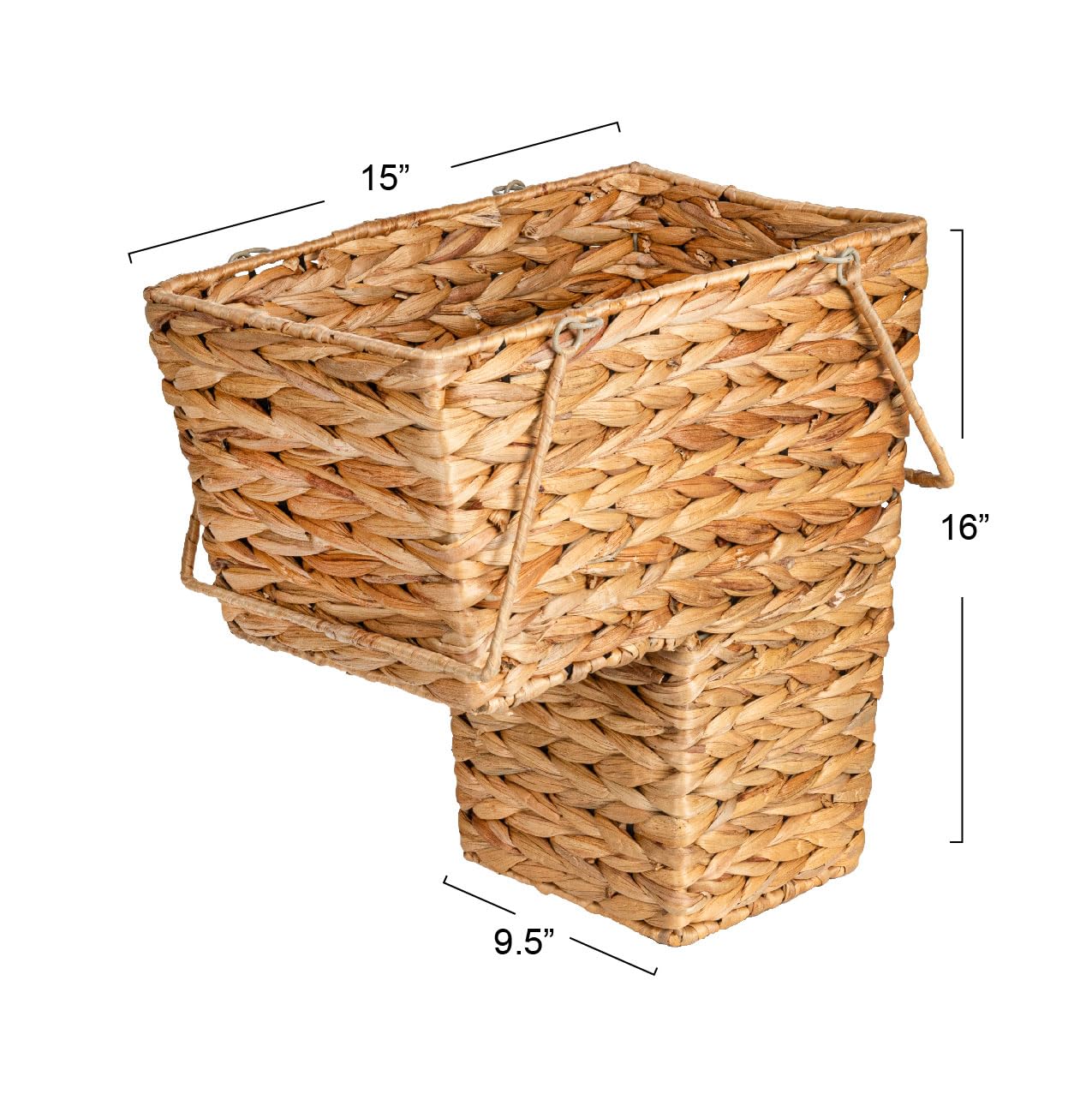 Household Essentials Wicker Stair Basket with Handles, Handwoven Water Hyacinth, Sits on Two Stairs, Lightweight, Natural