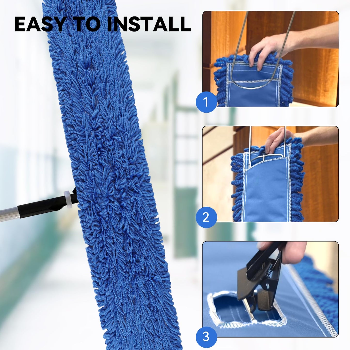 Commercial 48 Inch Dust Mop Head: Replacement Heavy-Duty Sweeper and Janitorial Industrial Dust Mop Head for Floor Cleaning, Office, School, Restaurant, Hospital (3 Pack - Blue)