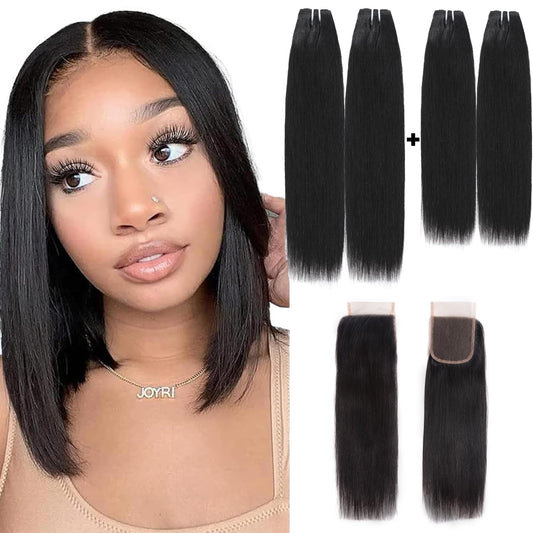 12 inch 14 inch short hair bundles 10A Brazilian Straight Virgin Hair 4 Bundles with Closure Straight Hair 100% Unprocessed Straight Human Hair Extensions 50g/Pcs Natural color