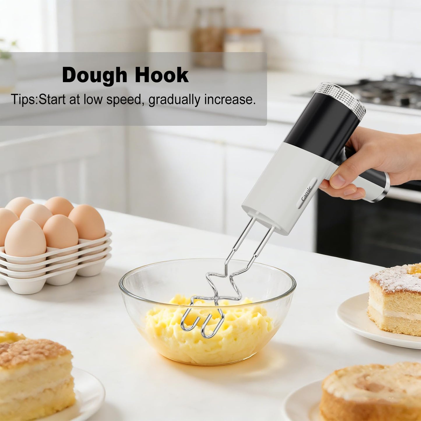 Camic Electric Hand Mixer with 9 Speeds, Powerful Motor, Cordless Hand Mixer with Whisk, Dough Hook and Mixing Rod for Whipping Eggs, Cream, Butter, Jam, Kneading Dough and Blending (White+Black)