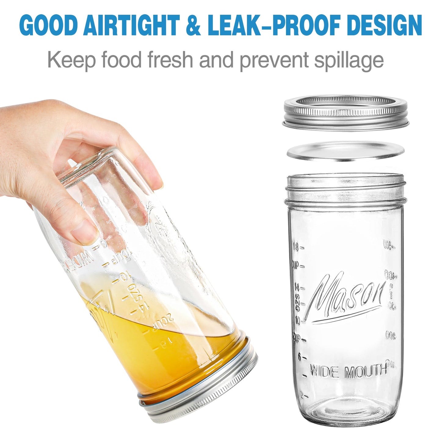 24 oz Wide Mouth Mason Jars - Canning Jars with Metal Airtight Lids and Bands, 24 ounce Mason Glass Jars for Fermenting, Pickling, Meal Prep, Overnight Oats, Jam, Jelly, DIY Projects (12 pack)