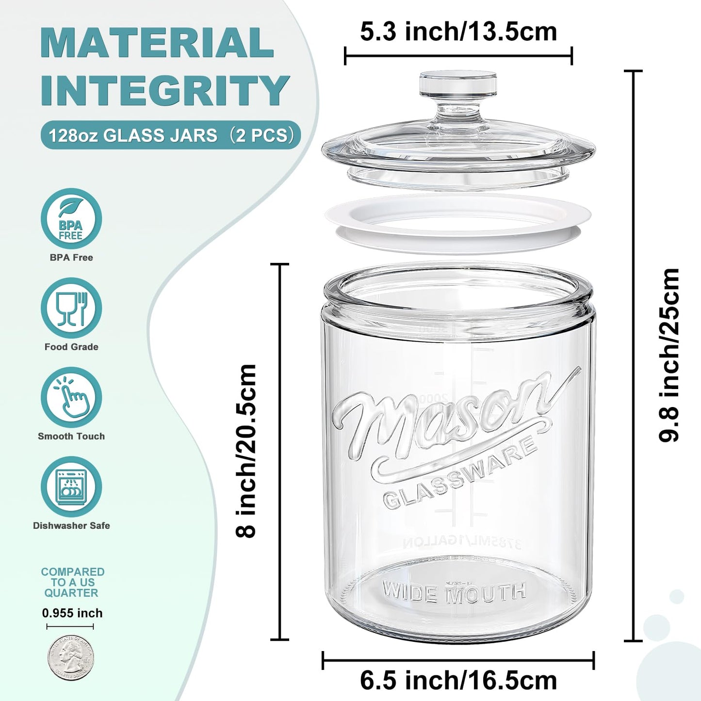1 Gallon Cookie Jars, 2 Pcs, Large Glass Jars with Airtight Lids for Kitchen, Wide Mouth Food Storage Containers for Flour, Sugar, Sourdough Starter, Candy, Coffee, Dog Treat, Apothecary, Laundry