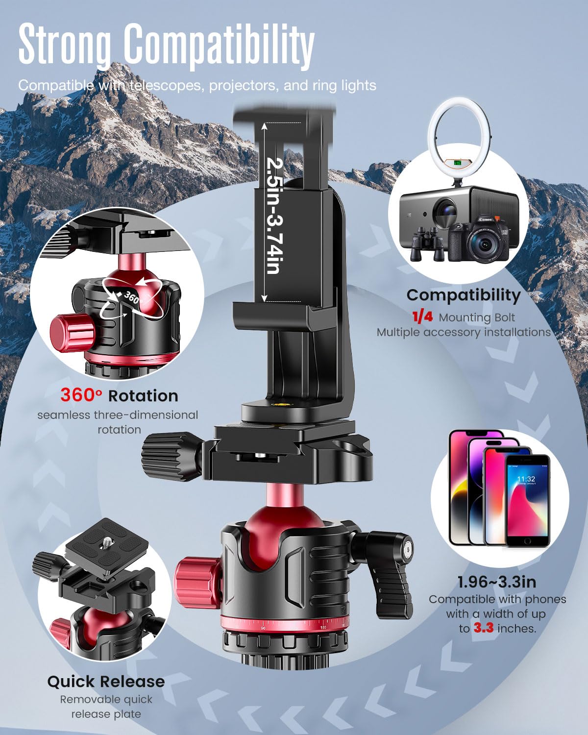 CAMBOFOTO 74-inch-Professional-Camera-Photography-Tripod, Ball Head Aluminum DSLR/SLR Tripod & Monopod with Carry Bag Compatible with Canon Nikon Binoculars Laser Telescope (Weight 3 Lbs, 13Lbs Load)