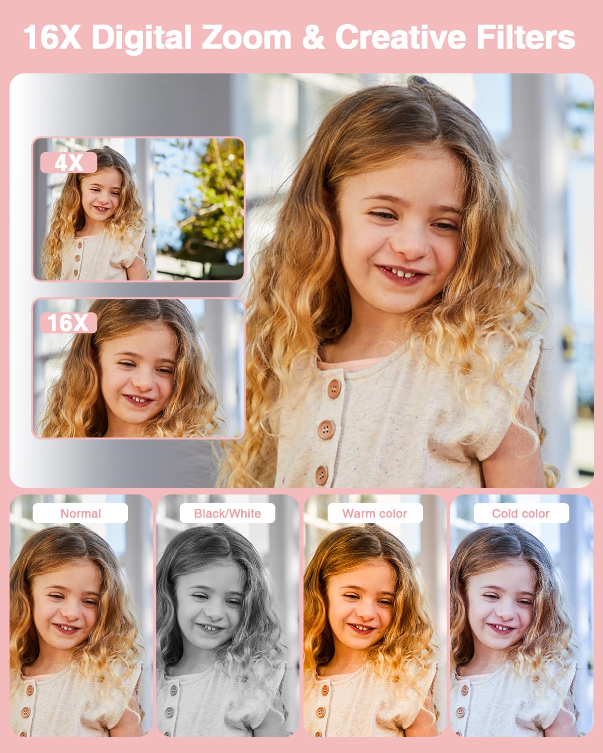 Digital Camera, FHD 1080P Point and Shoot Kids Camera, with 32GB Card, 2 Batteries, 16X Zoom Anti Shake Date Stamp, Compact Portable Small, for Starter Kid Children Teen Student Girl Boy(Pink)