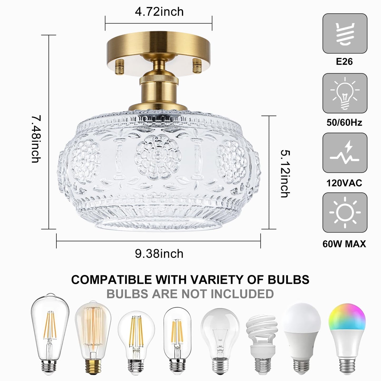 Tbaoinla Semi Flush Mount Ceiling Light Fixture - Brass & Floral Glass Shade, Vintage Modern Lighting for Entryway, Bathroom, Kitchen, Bedroom (Bulb Not Included)
