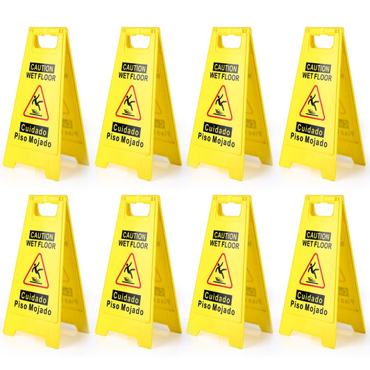 8-Pack Caution Wet Floor Sign,17.5" Height,Bright Yellow Double-Sided Folding A-Shaped Frame Design, Bilingual Caution Message