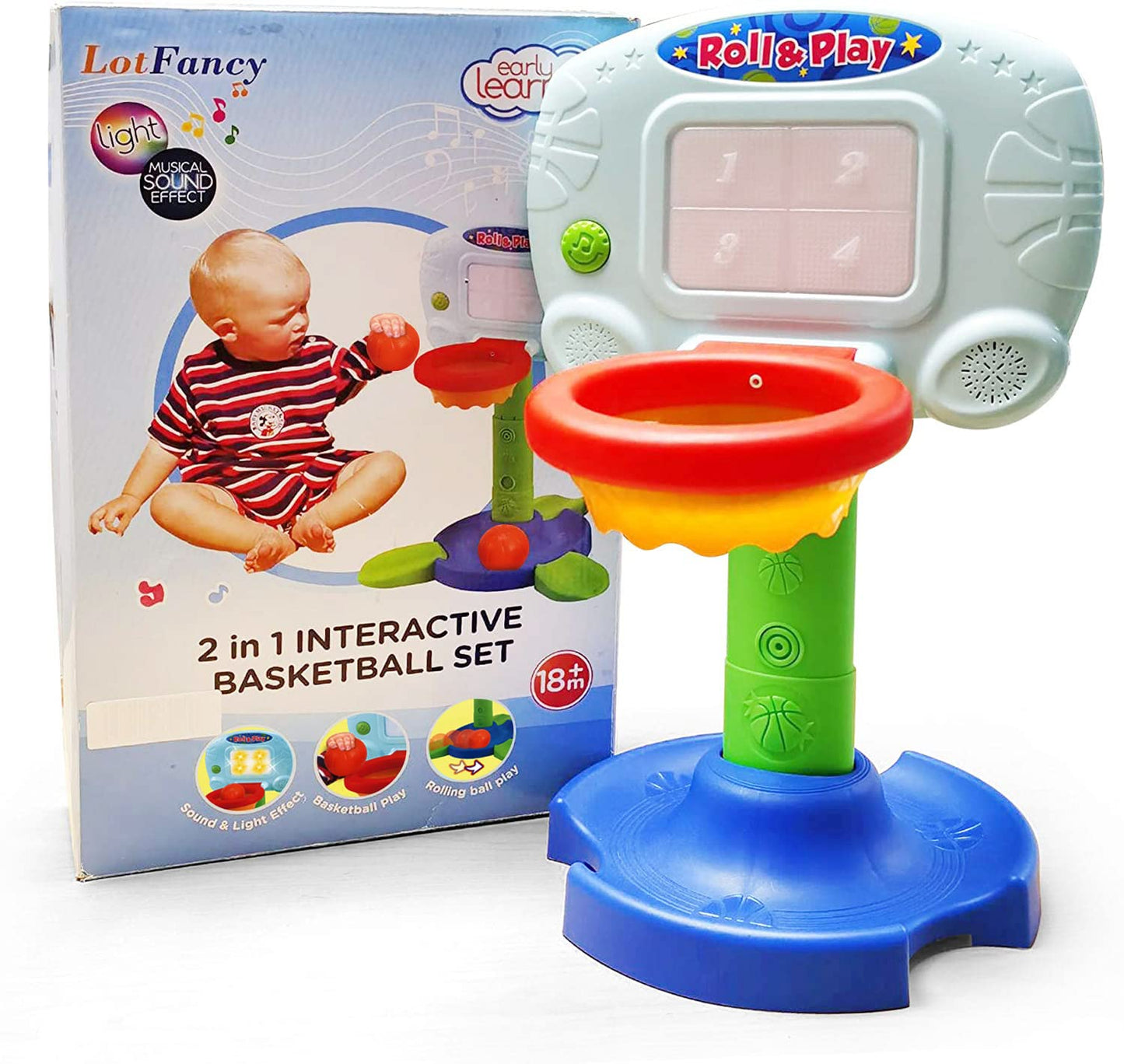 LotFancy Basketball Hoop for Kids Toddlers 18m-3y, Infant 2 in 1 Adjustable Sports Toy Set, Baby Interactive Learning Toy, with Light and Music, Indoor Basketball Game, Battery Include