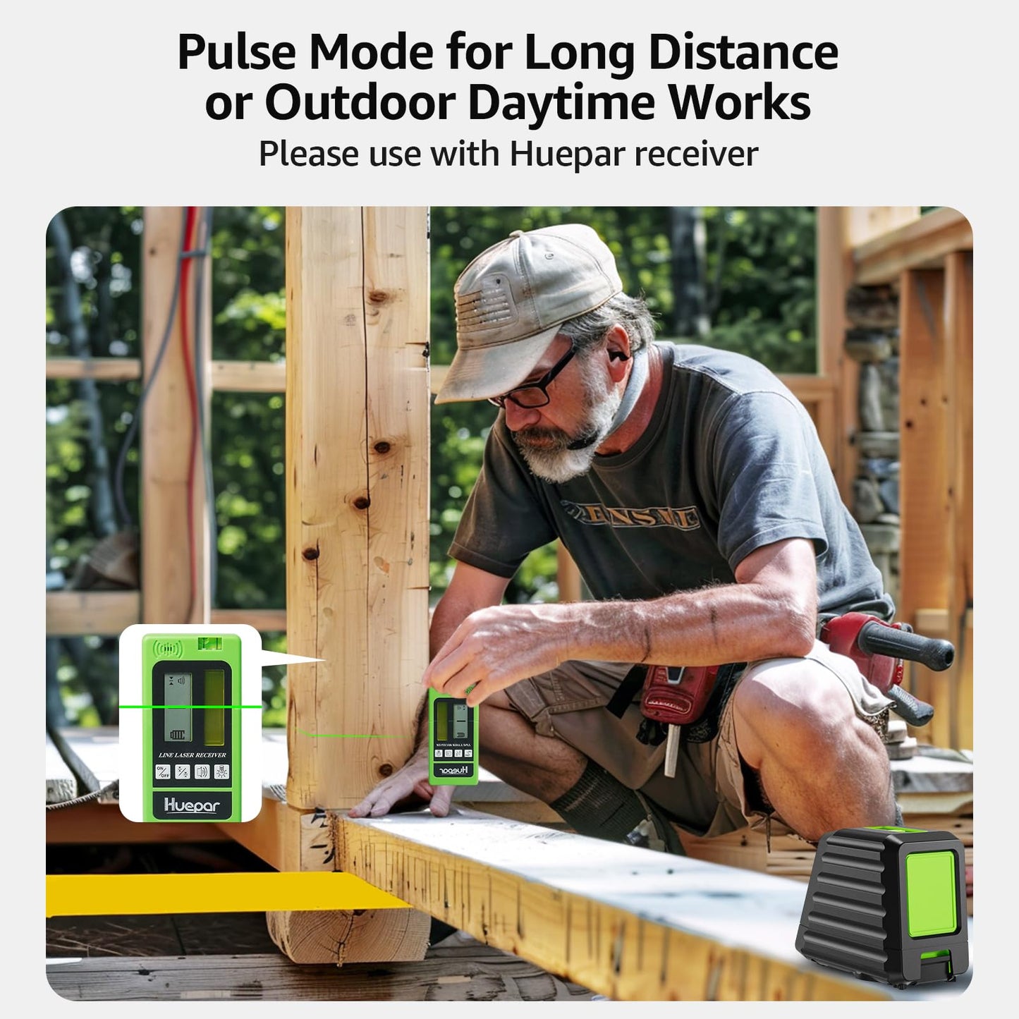 Huepar Box-1G Laser Level Self-Leveling, 150ft Outdoor Green Cross Line with Pulse Mode, 150° Vertical Lines, Magnetic Base & Battery Included – High Precision for DIY and Professional Use
