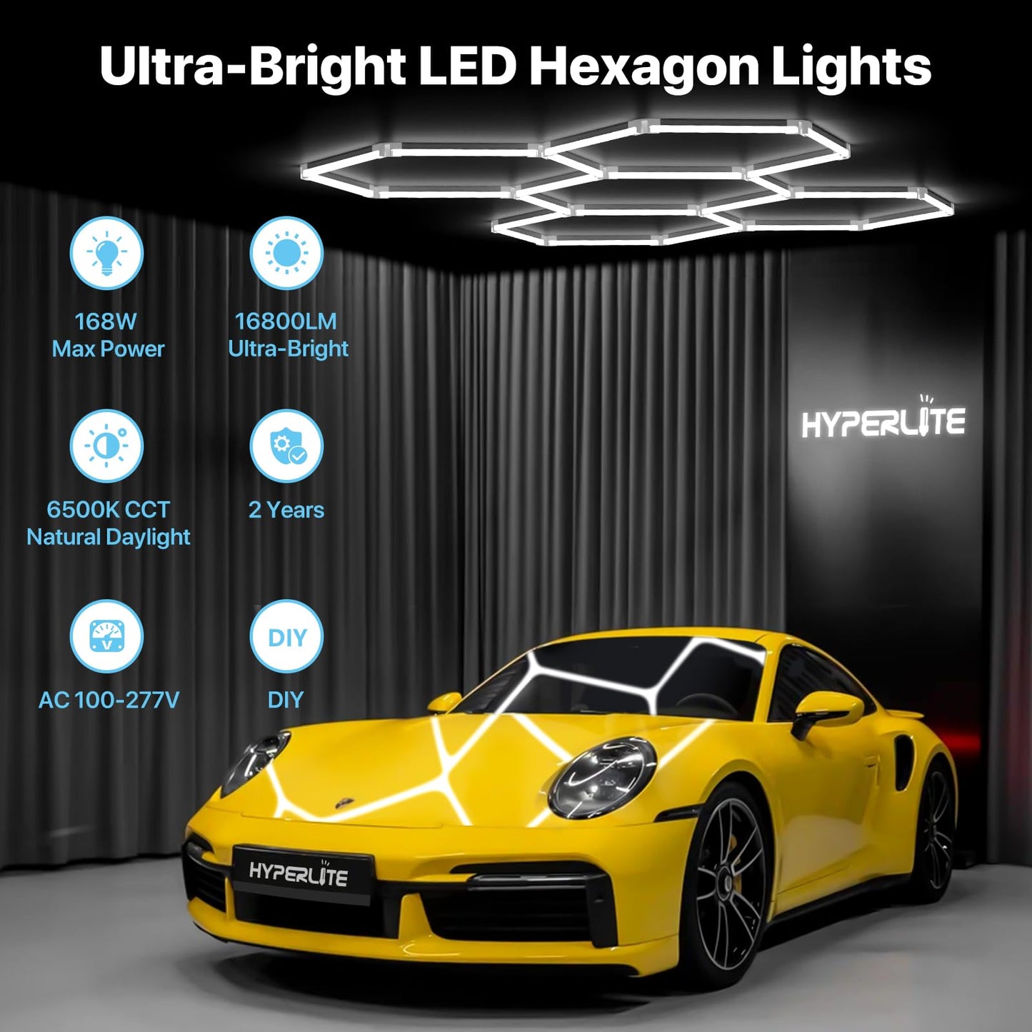 HYPERLITE Gen 2 Hexagon LED Lights: 168W 16800LM 5 Grids DIY Hexagon Led Lights, 6500K Ultra Bright, Easy Install, Durable Design for Garage, Shop, Basement, Barber, Homegym