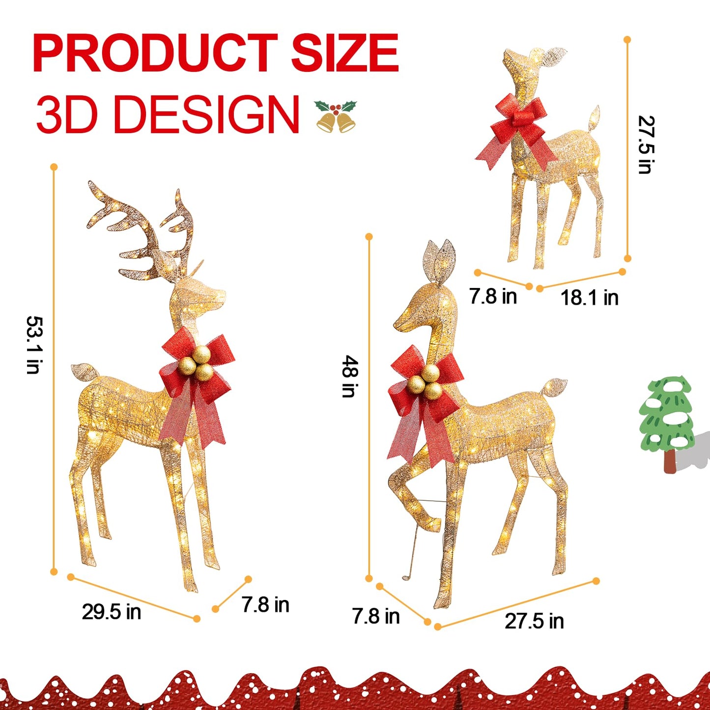 3Pcs Large Lighted Reindeer Christmas Decorations, 3D Yard Deer Decor Family Set for Indoor or Outdoor Yard Art- with 210 Warm White LED Lights,Ground Stakes,Zip Ties