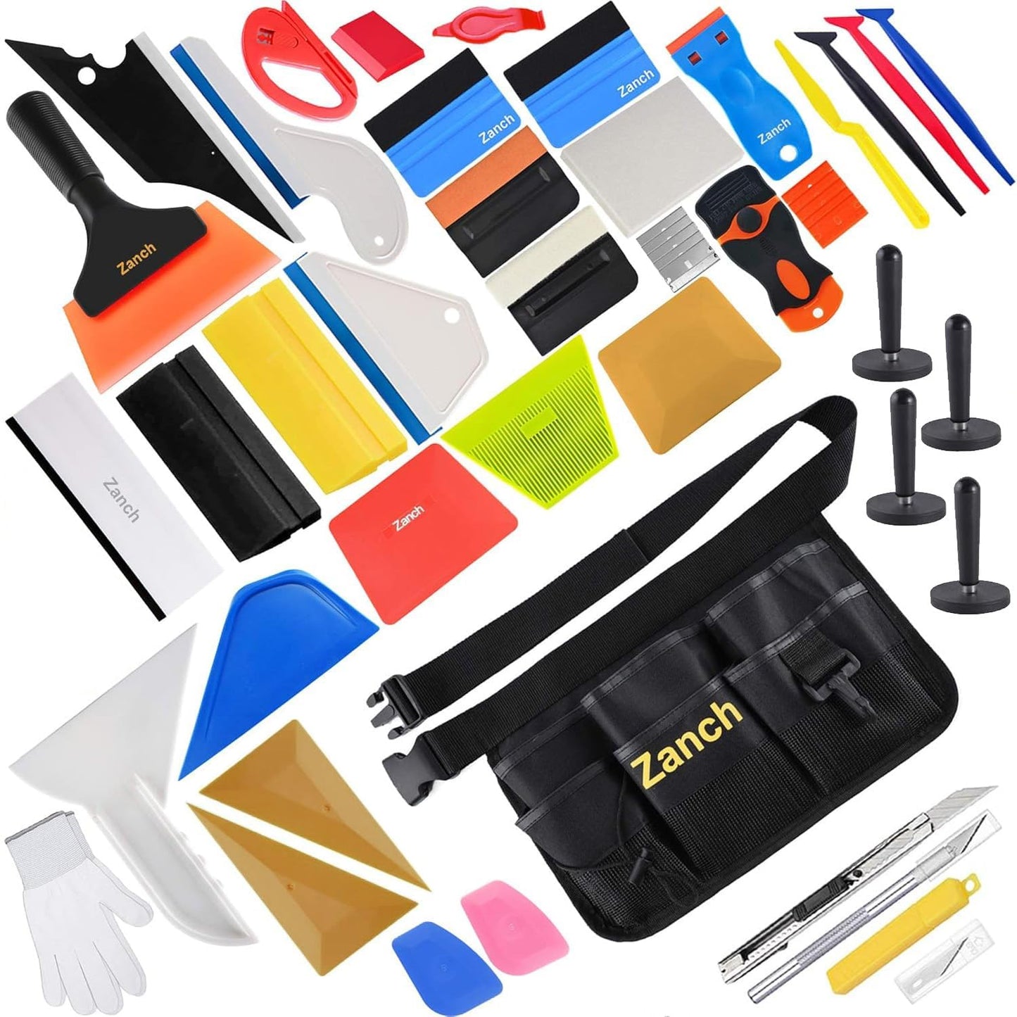 Zanch Window Tint Kit,Complete Tool Set for Professional Window Tint Protective Film Installation【Deluxe 64pcs with Tool Waist Bag】