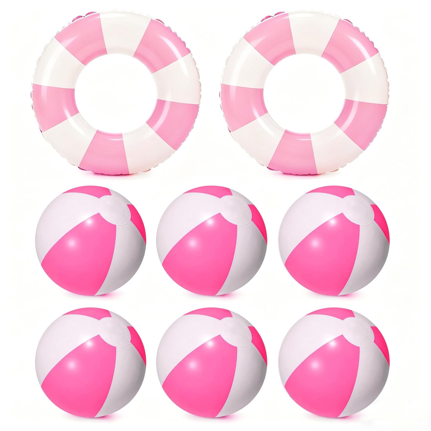 8Pcs Inflatable Pool Float Set Includes 2Pcs 22.8" Swim Ring & 6Pcs 16" Beach Ball Bulk PVC Summer Water Toys for Swimming Pool Beach Hawaiian Tropical Party Favors Decorations Supplies (Pink)