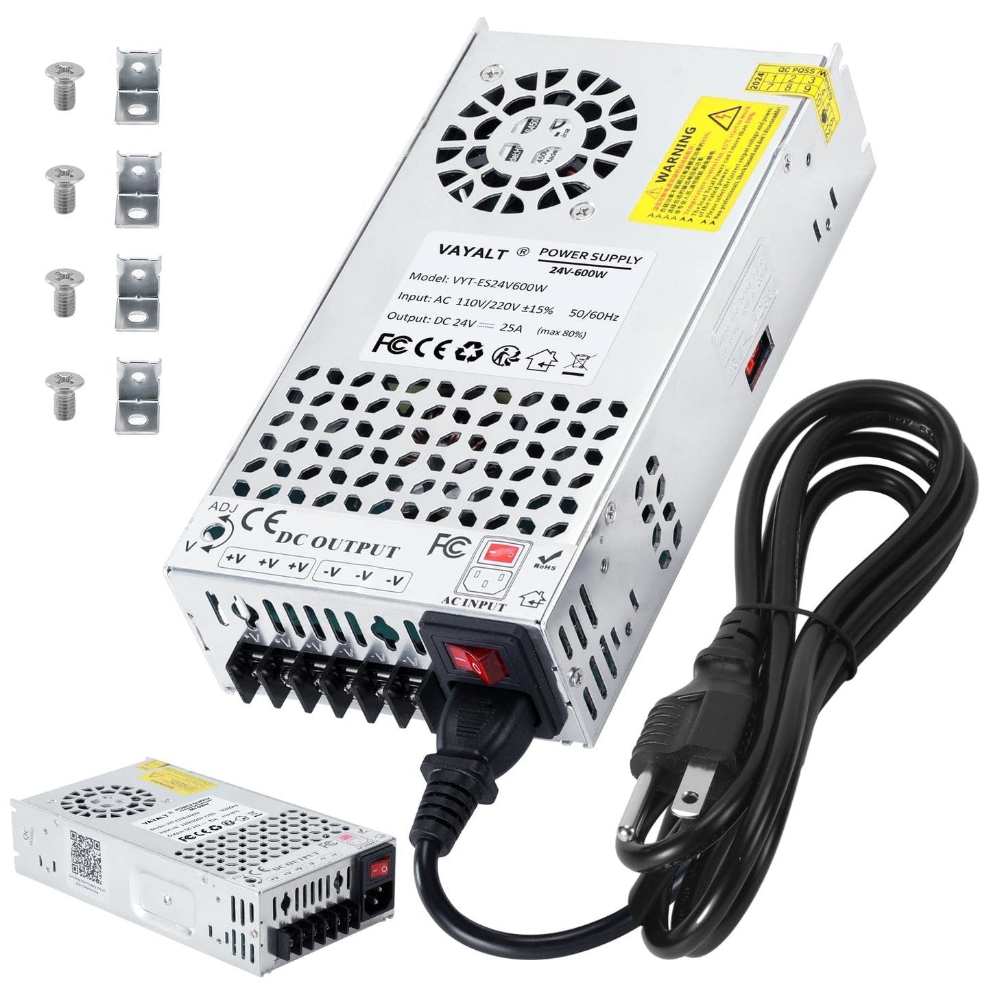 VAYALT 24V 25A 600W DC Switching Power Supply, Universal Regulated Switching AC 110V/220V to DC 24V Transformer, 24V Power Supply for Industrial, CCTV, Computer Project, 3D Printer, LED Strip Light