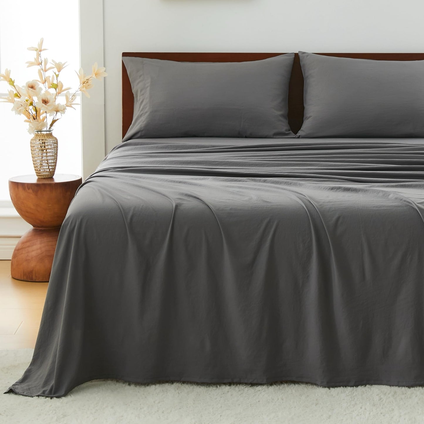 GOKOTTA 4-Pcs Queen Sheet Set, 16 Inch Deep Pocket Queen Sheets with Elastic Corner Straps, Brushed Microfiber Polyester - Hotel Luxury, Ultra Soft, Breathable, Anti-Rip, Wrinkle-Free - Dark Grey