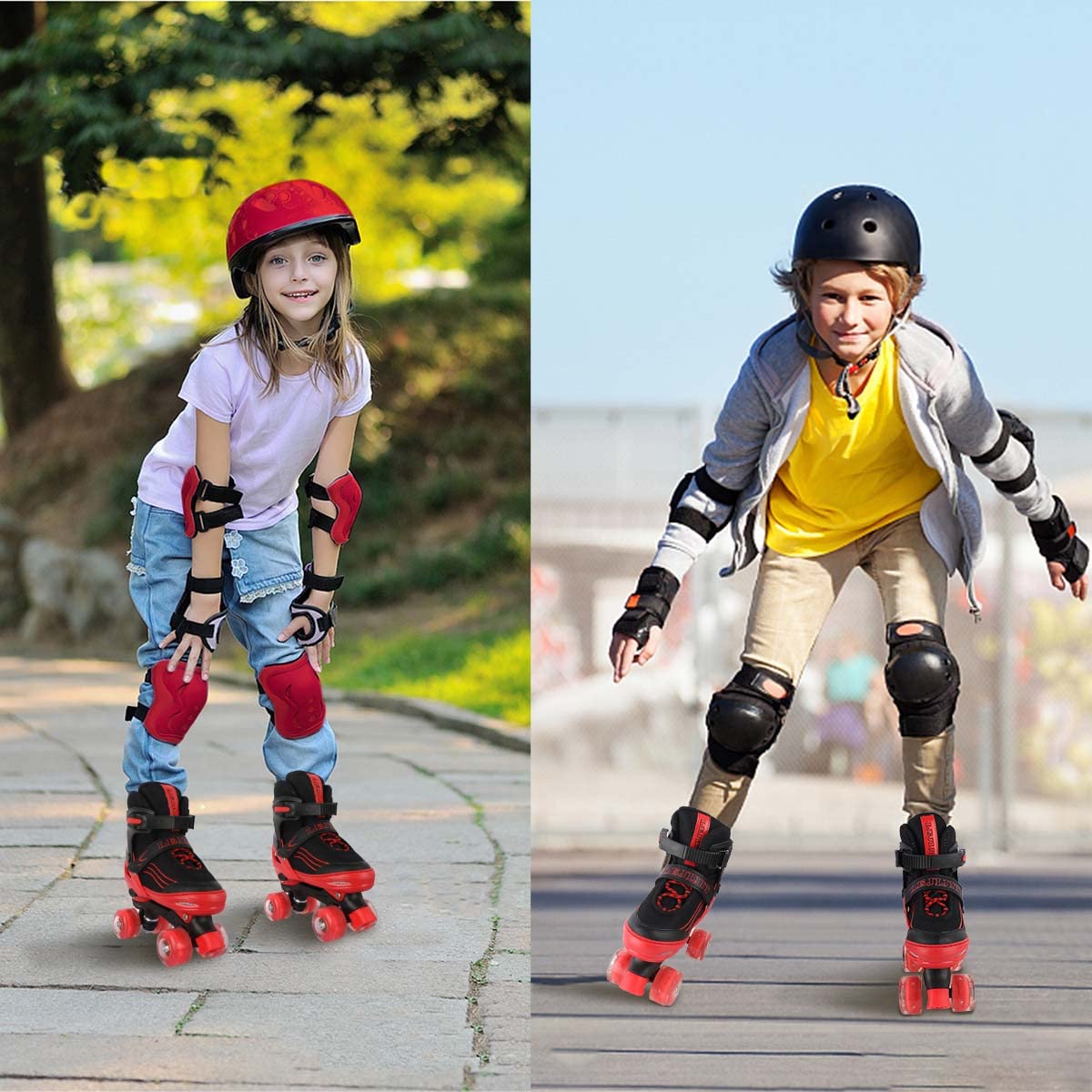 LEJIJIT Adjustable Roller Skates for Boys Girls Toddler Ages 3-12, 4 Sizes for Kids and Youth Adult with Light Up Wheels, Black Red Roller Skates for Sports. (Toddler 7C-10C)
