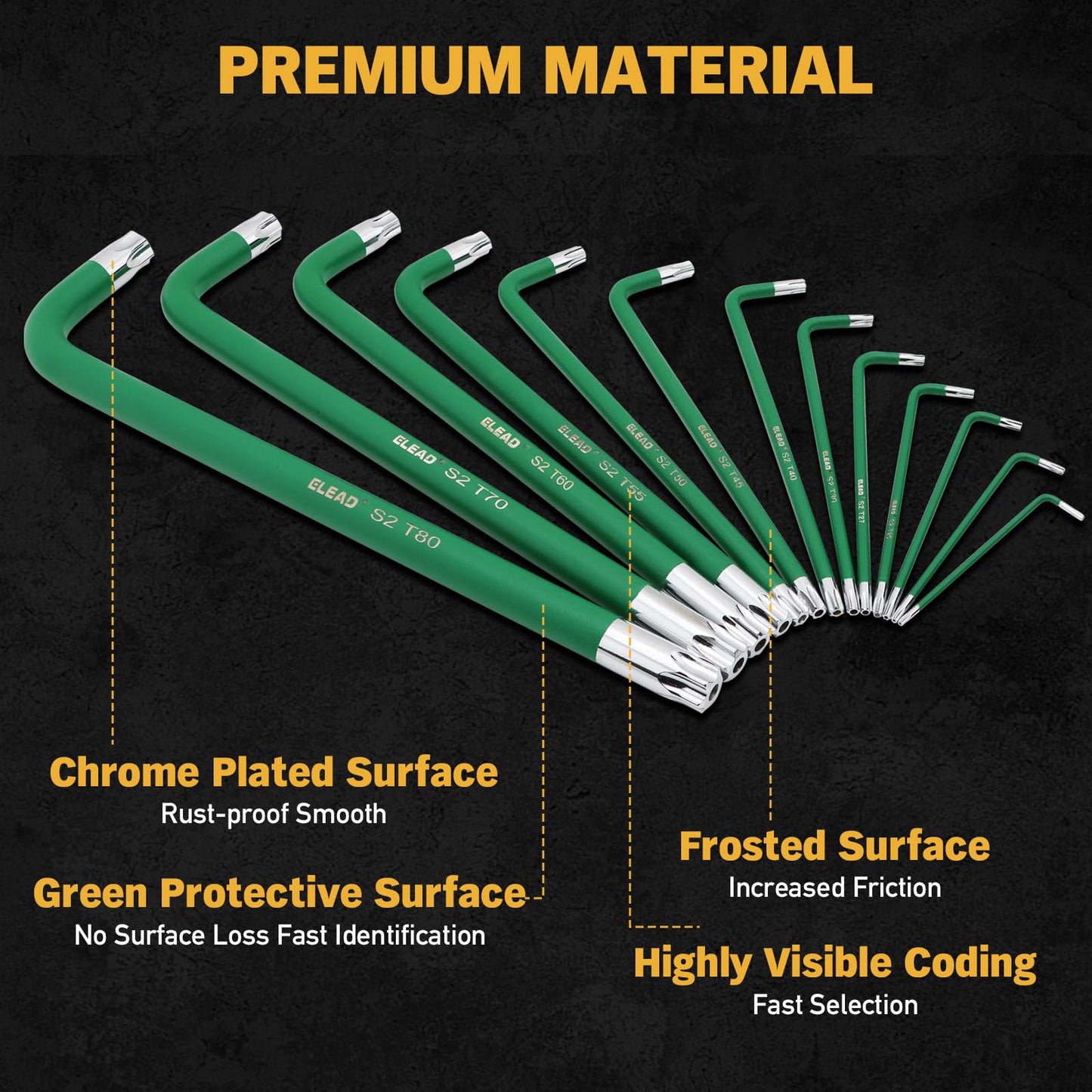 ELEAD Jumbo Torx Key Wrench Set | 13-Piece Durable S2 Star Keys | L-Shaped Long Arm Design | Sizes T10 to T80 | Automotive | Mechanic | Furniture | Professional Grade Tools
