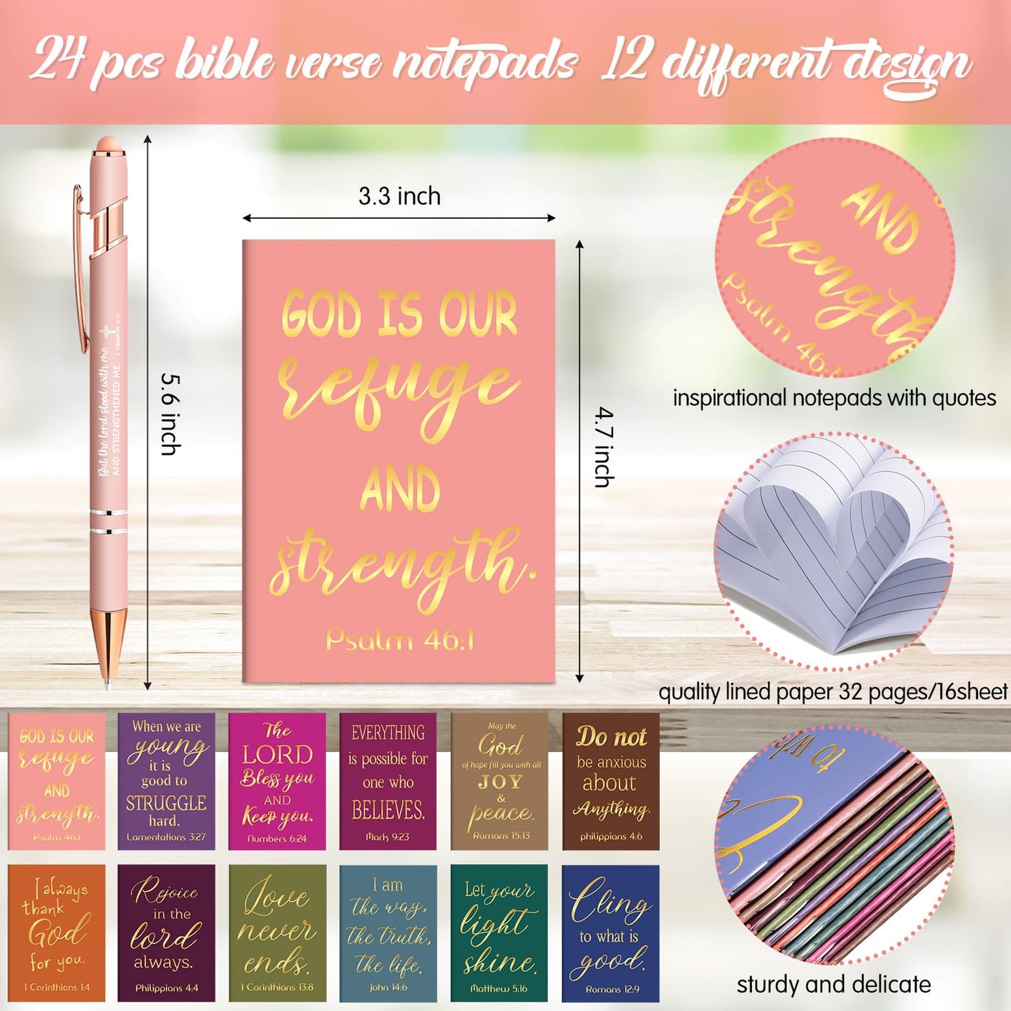 Estune 72 Pcs Christian Bible Gifts Set Bulk Religious Scripture Notebooks Scripture Quote Inspirational Ballpoint Pens Verse Christmas Keychain Inspirational Bible Gifts for Office (Religion)