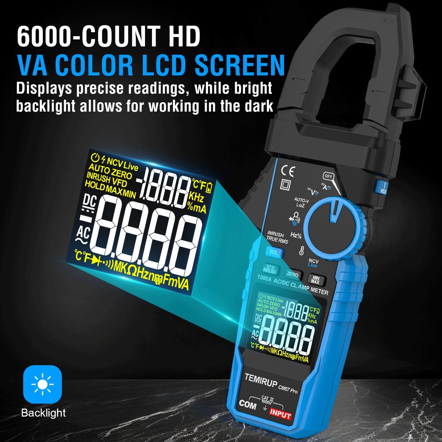 Inrush Digital Clamp Meter Multimeter - TEMIRUP T-RMS 6000 Counts 1000A Amp Voltage Tester with VFD, LOZ, Measures NCV, AC/DC Voltage Current, Continuity Capacitance Frequency Resistance, Temperature