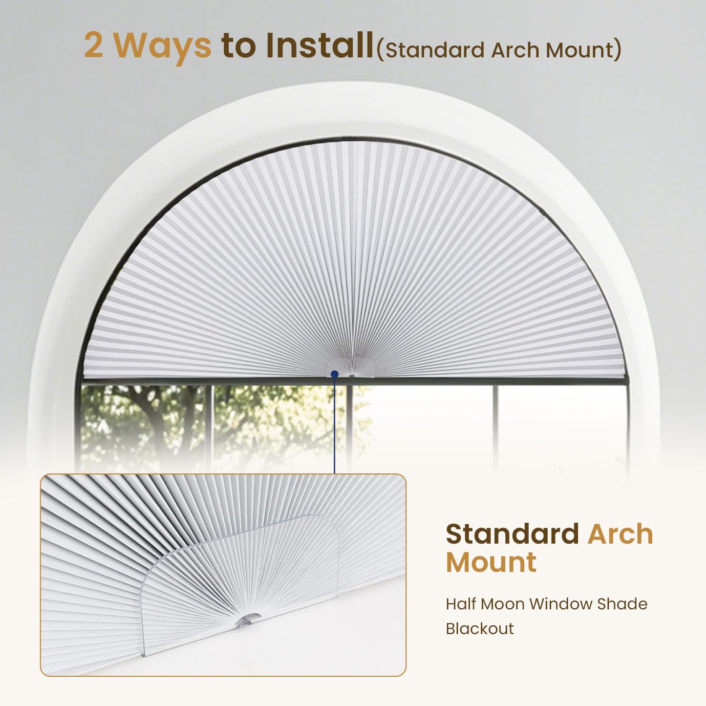 Grandekor Half Circle Arch Window Shade Blackout 72" Wx36 H No Drill Honeycomb Blinds for Kitchen Nursery Living Room Bedroom Easy Install Cellular Shades White