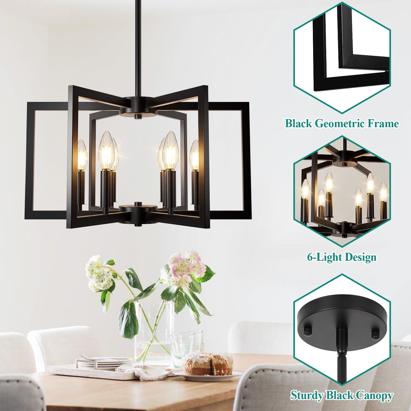 6-Light Black Chandelier, Farmhouse Dining Room Light Fixture, Large Modern Chandelier, Geometric Industrial Metal Hang Lighting Fixture for Foyer Entryway Kitchen Over Table Hallway Living Room