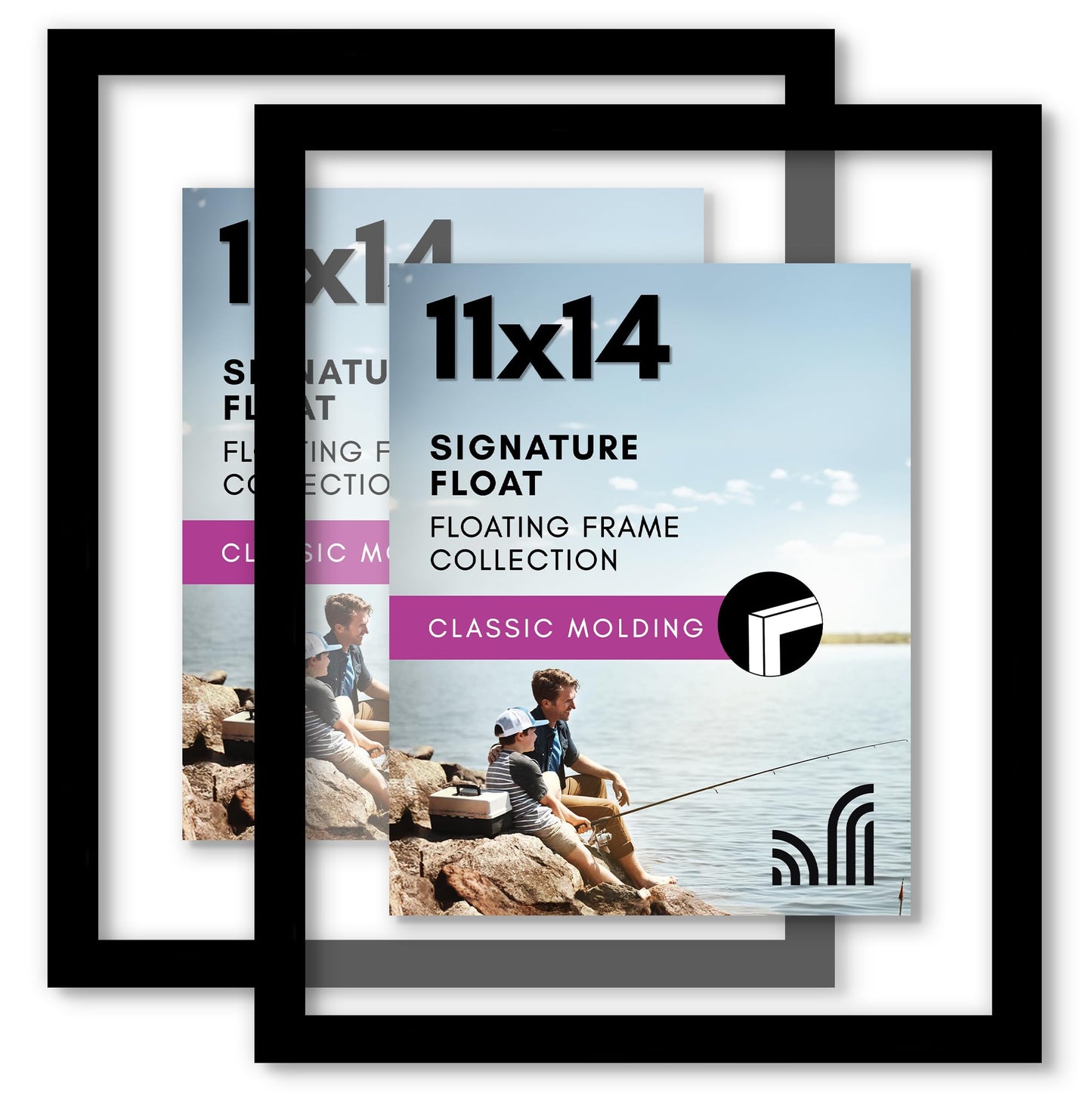 Americanflat 11x14 Floating Picture Frame with Polished Crystal-Clear Glass - Set of 2 - Use as 8x10 Frame or Display 5x7 Photo - Signature Float Collection - Photo Frames for Wall Display - Black