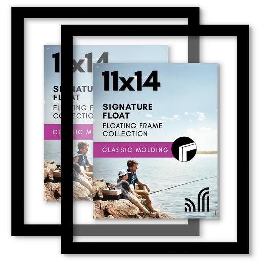 Americanflat 11x14 Floating Picture Frame with Polished Crystal-Clear Glass - Set of 2 - Use as 8x10 Frame or Display 5x7 Photo - Signature Float Collection - Photo Frames for Wall Display - Black