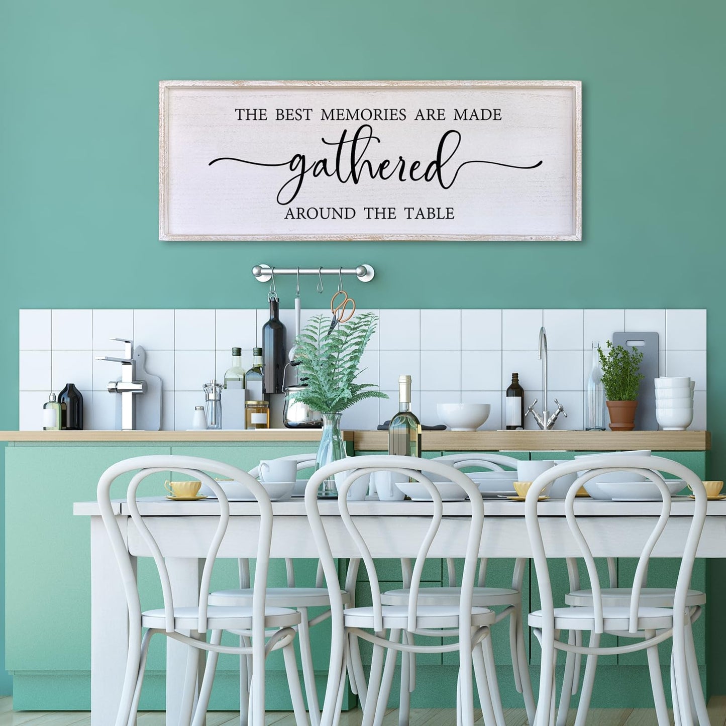 The Best Memories Are Made Gathered Around The Table Wall Decor 40"x15" Large Rustic Farmhouse Dining Room Wood Framed Modren Signs Kitchen Home Simple Hanging Wall Art (White)