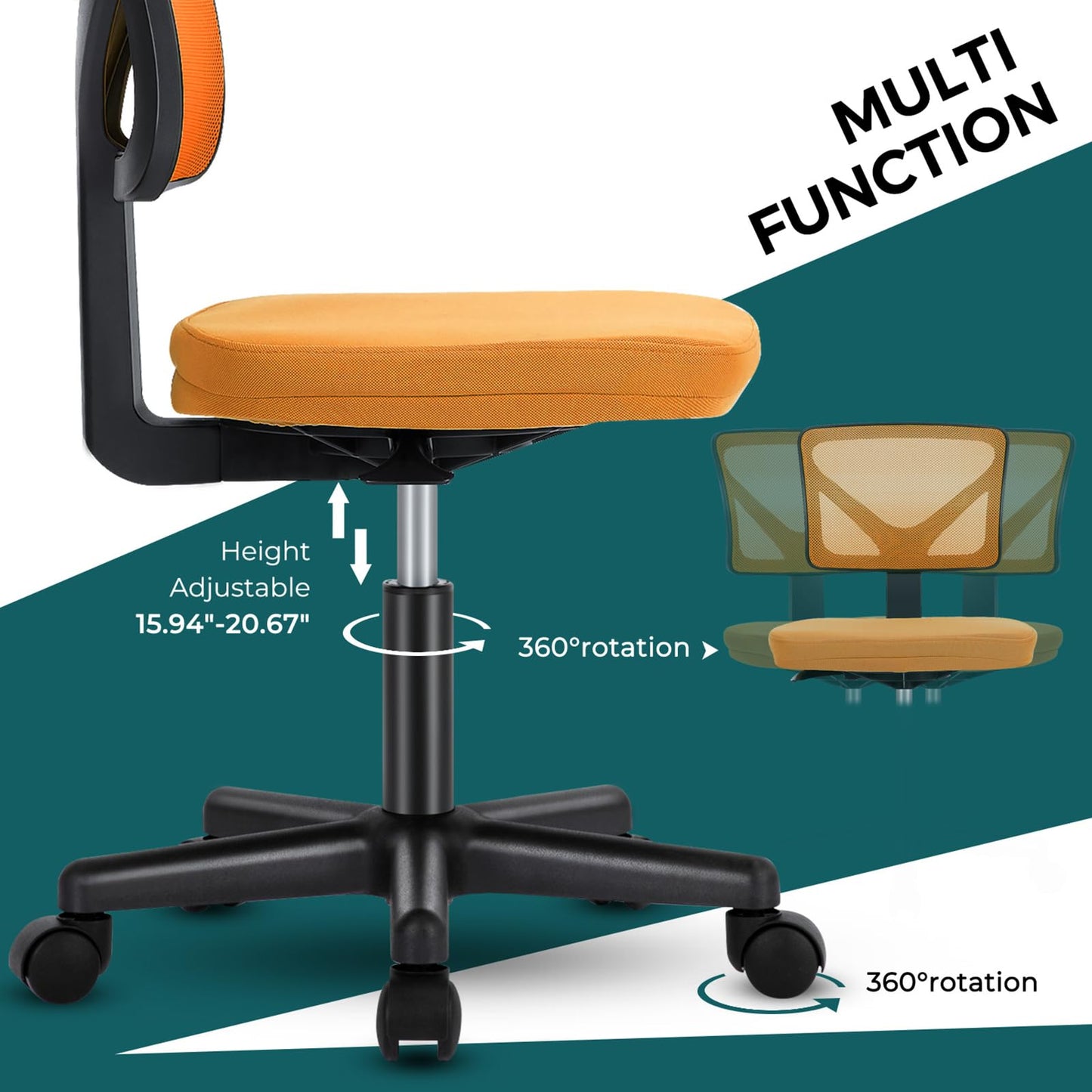 DUMOS Armless Office Chairs with Wheels, Ergonomic Adjustable Home Desk Swivel Rolling Task Chair No Arms, Comfy Mesh Mid Back Computer Work Vanity Desk Chairs for Small Spaces, Orange